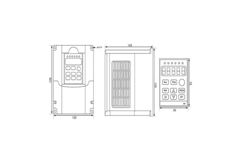 Technical drawing of Heavy Duty ER16 Spindle Motor Kit 65x258mm With Air Cooling, 4 Bearings, Frequency Drive And Holder, 1500 RPM