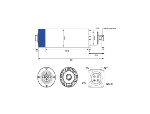Technical diagram of Heavy Duty ER16 Spindle Motor Kit 65x258mm With Air Cooling, 4 Bearings, Frequency Drive And Holder
