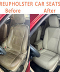 Before and after images of reupholstered car seats showcasing restoration with Pro Grade Heavy Duty Hog Ring Pliers Kit and rings.