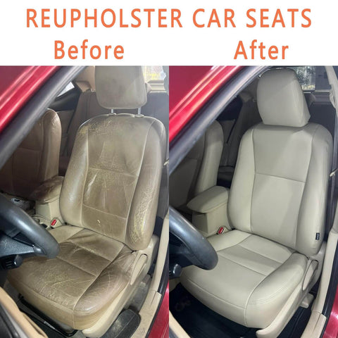 Before and after images of reupholstered car seats showcasing restoration with Pro Grade Heavy Duty Hog Ring Pliers Kit and rings.