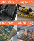 Images showing uses for Pro Grade Heavy Duty Hog Ring Pliers Kit: upholstery, bungee cords, crab pots, and animal cages.