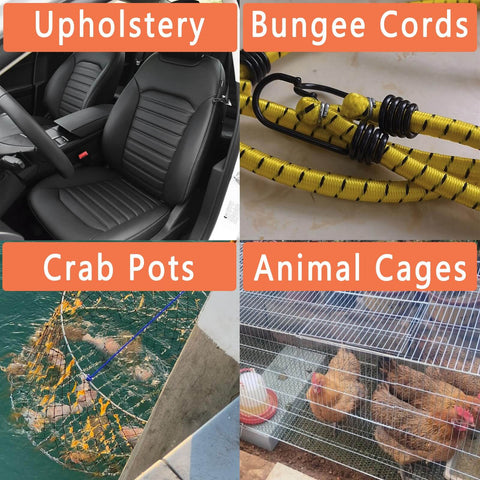 Images showing uses for Pro Grade Heavy Duty Hog Ring Pliers Kit: upholstery, bungee cords, crab pots, and animal cages.