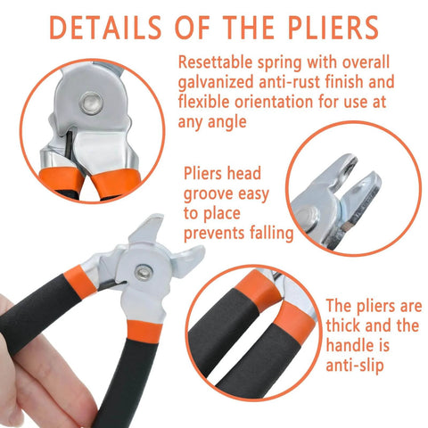 Close-up of Pro Grade Heavy Duty Hog Ring Pliers Kit with anti-slip handle and galvanized finish for auto upholstery and DIY projects.