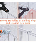Close-up of Pro Grade Heavy Duty Hog Ring Pliers Kit With 100 Galvanized Rings used on pet cage wire panels for secure fastening.