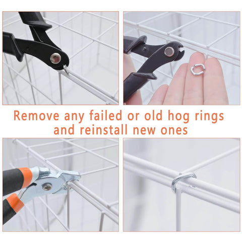 Close-up of Pro Grade Heavy Duty Hog Ring Pliers Kit With 100 Galvanized Rings used on pet cage wire panels for secure fastening.