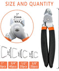 Pro Grade Heavy Duty Hog Ring Pliers Kit With 100 Galvanized Rings And Built In Wire Cutter displayed with ring sizes and dimensions.