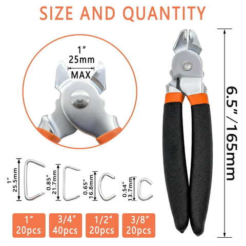 Pro Grade Heavy Duty Hog Ring Pliers Kit With 100 Galvanized Rings And Built In Wire Cutter displayed with ring sizes and dimensions.