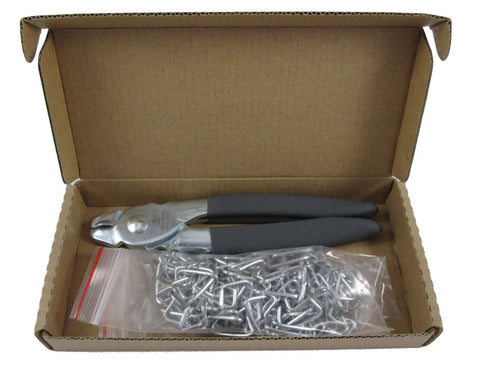 Heavy Duty Hog Ring Pliers Kit With 150 Galvanized Hog Rings, Spring Loaded Jaws And Cushioned Non Slip Grips in cardboard box