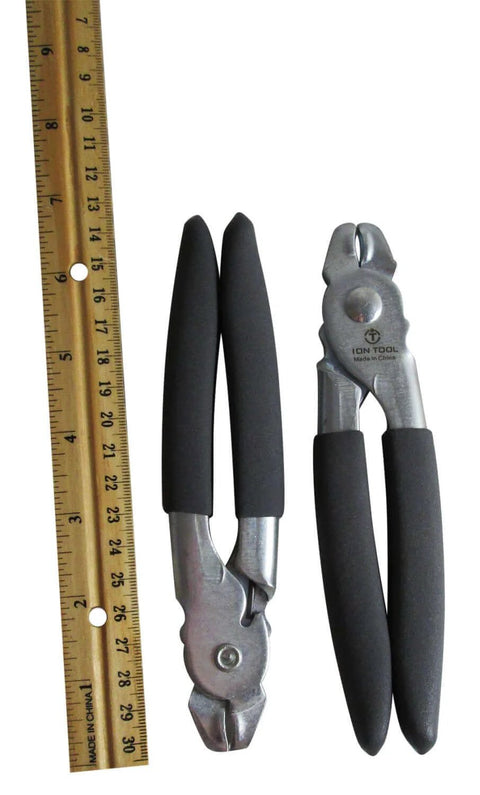 Heavy Duty Hog Ring Pliers Kit with 150 Galvanized Hog Rings, spring-loaded jaws, cushioned grips, 7-inch tool with ruler