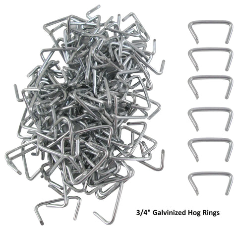 Pile of 3/4 inch galvanized hog rings from Heavy Duty Hog Ring Pliers Kit with 150 Galvanized Hog Rings, Spring Loaded Jaws And Cushioned Non Slip Grips.