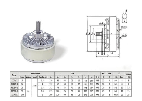 Heavy Duty Magnetic Particle Brake FZ12A-1 1.2 Kg 24V Industrial Drive Component with diagram and specifications