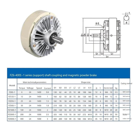 Heavy Duty Magnetic Particle Brake 20 Kg Load 24V Tension Controller FZ200A1 Style dimensions and specifications shown