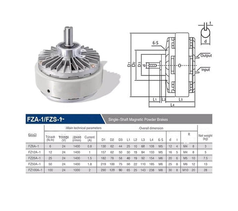 Diagram and specifications of Magnetic Particle Brake FZ50A-1 5 kg Holding Force, 24V Heavy-Duty Industrial Brake