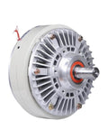 Front view of heavy-duty single-axis magnetic particle brake and dual-axis magnetic particle clutch system with 24V electromagnetic brake for tension control, 1.2 kg load rating, 12 Nm torque, durable alloy magnetic powder, smooth torque response.