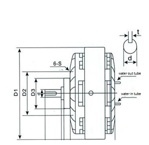 Technical drawing of Top Notch Shaft Magnetic Particle Clutch with 20 kg capacity and 200 Nm torque, detailed dimensions visible.