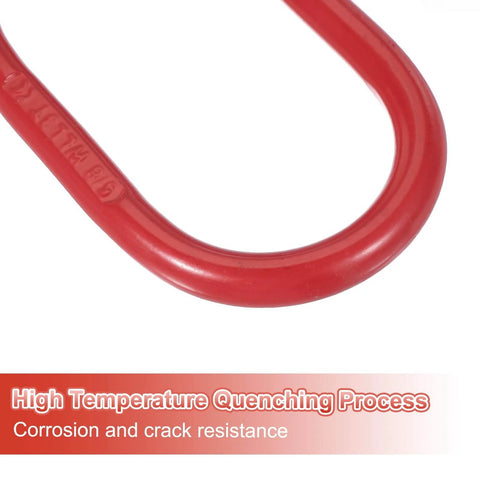 Close-up of red Oblong Master Link With Slip Hooks Hoist Ring showing high temperature quenching process for strength and durability.