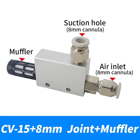 Heavy Duty Negative Venturi Vacuum Ejector For Pneumatic Systems CV 15HS 8mm Port with Muffler and Labels for Suction and Air Inlet