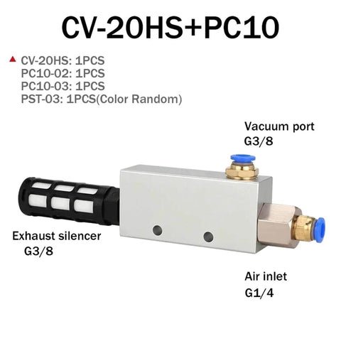 Heavy Duty Pneumatic Vacuum Generator CV-10HS With High Negative Venturi Air Exhaust Ejector, exhaust silencer and air inlet details