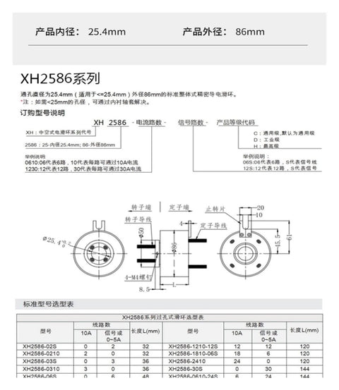 Technical specifications of Heavy Duty Conductive Slip Ring Through Hole Assembly with dimensions, diagrams, and chart details.