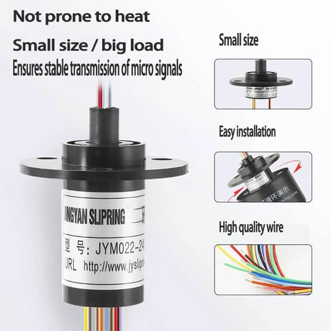 Pro Grade Heavy Duty Slip Ring Connector For Power And Signal Transmission 3 Wires 10A Capacity 22mm Diameter Gold Contacts With Fiber Brush Technology Rotating Electrical Connector In Rugged Engineering Plastics Shell For Long Life, showing small size and high-quality wires.
