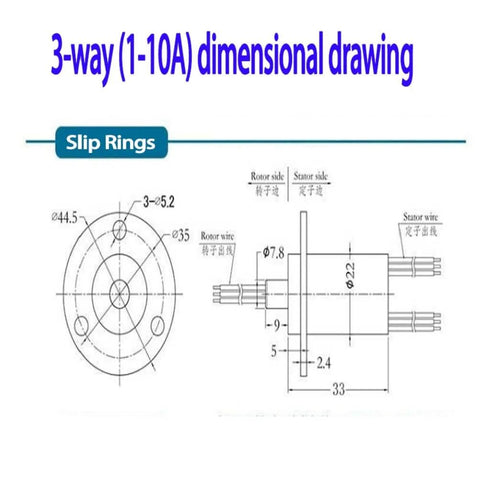 Pro Grade Heavy Duty Slip Ring Connector for power and signal, 3 wires, 10A, 22mm diameter, gold contacts, dimensional drawing