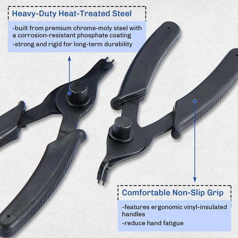 Pro Grade Snap Ring Pliers Set With Internal And External Circlip Pliers showcasing non-slip handle design and heat-treated steel construction