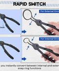 Pro Grade Snap Ring Pliers Set with Internal and External Circlip Pliers, shown in hand with bent and straight tips for conversion.