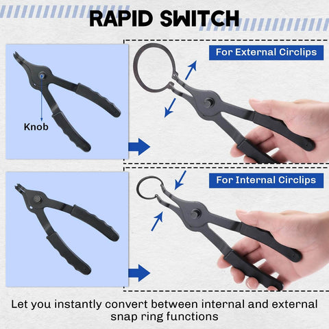 Pro Grade Snap Ring Pliers Set with Internal and External Circlip Pliers, shown in hand with bent and straight tips for conversion.