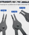 Pro Grade Snap Ring Pliers Set With Internal And External Circlip Pliers, 45 And 90 Degree Bent And Straight Tips displayed with labels