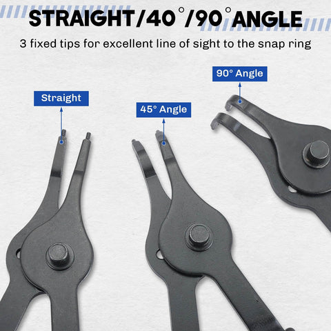 Pro Grade Snap Ring Pliers Set With Internal And External Circlip Pliers, 45 And 90 Degree Bent And Straight Tips displayed with labels