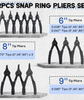 12-piece Pro Grade Snap Ring Pliers Set with various tip sizes shown on shelves, suitable for internal and external circlip tasks in automotive and machinery.