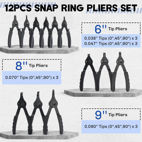 12-piece Pro Grade Snap Ring Pliers Set with various tip sizes shown on shelves, suitable for internal and external circlip tasks in automotive and machinery.
