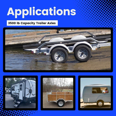 Applications of 3500 lb capacity trailer axles showcasing heavy duty trailer spindle 84 with EZ Lube weld on brake flange.