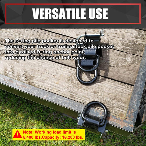 Installed 4-Piece 18,000-Lb Heavy-Duty Removable D Ring Stake Pocket Tie-Down Kit on wooden flatbed trailer, showing D-rings.