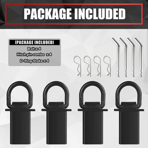 4-Piece 18,000-Lb Heavy-Duty Removable D Ring Stake Pocket Tie-Down Kit components displayed