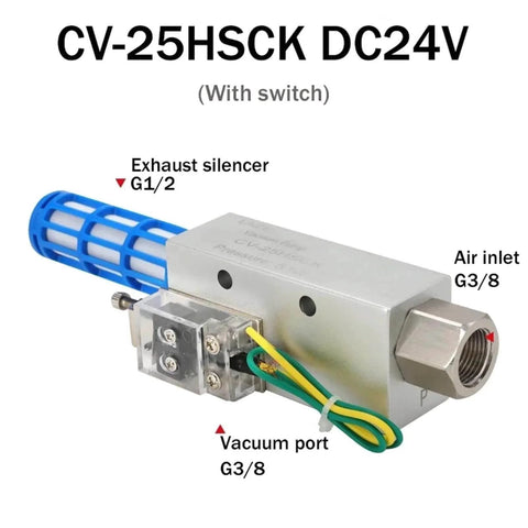 CV-25 HS CK pneumatic vacuum generator with exhaust silencer and air inlet, part of Beefy High Negative Venturi Vacuum Generator for industrial use.