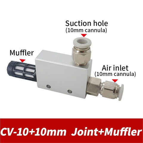 Pro Grade Heavy Duty Vacuum Generator With Strong Negative Pressure And Suction, showing CV-10 model with muffler and air inlet