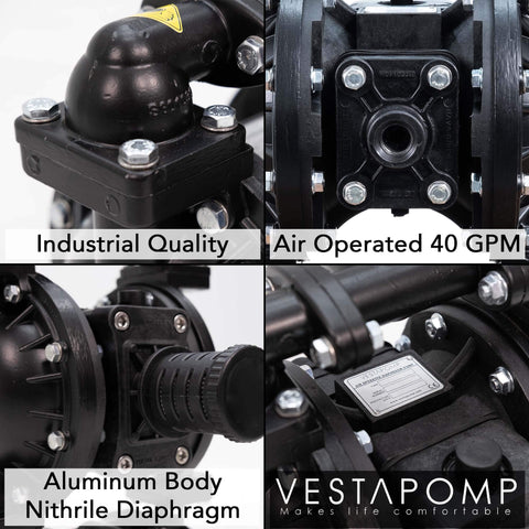Close-up of Air Operated Diaphragm Pump AODD For Waste Oil, Double Pneumatic Transfer, 1 Inch Discharge, Aluminum Body With Nitrile Seals