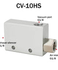 Vacuum Generator CV-10HS High Negative Venturi Air Exhaust Ejector with vacuum port and exhaust silencer, side view