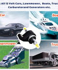 Beefy 12V Diesel Fuel Metering Pump With 150 L/H At 80 PSI, shown with compatible vehicles: car, boat, lawnmower, truck.