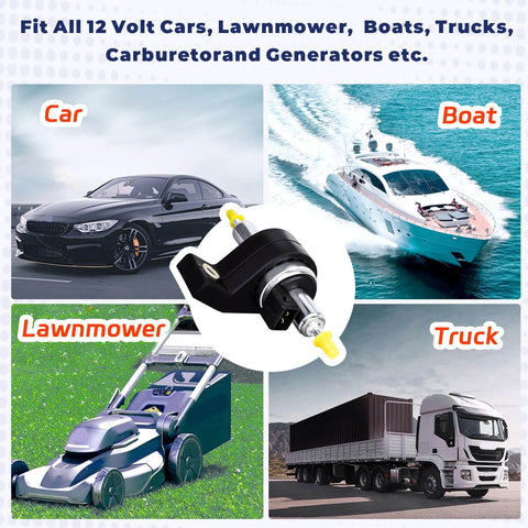 Beefy 12V Diesel Fuel Metering Pump With 150 L/H At 80 PSI, shown with compatible vehicles: car, boat, lawnmower, truck.