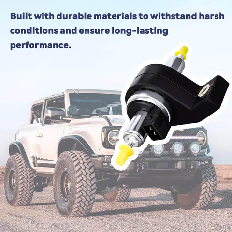 Beefy 12V Diesel Fuel Metering Pump With 150 L/H At 80 PSI, CNC aluminum housing, PTFE diaphragm shown beside an off-road vehicle