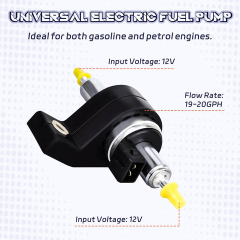 Universal electric fuel pump for gasoline and petrol engines with yellow cap, black housing, flow rate 19-20 GPH, 12V input voltage.