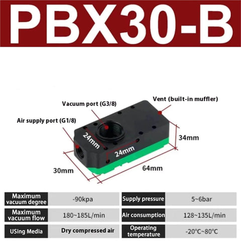PBX30-B compact multi stage vacuum generator with energy saving design, showing dimensions and ports, high flow and heavy suction
