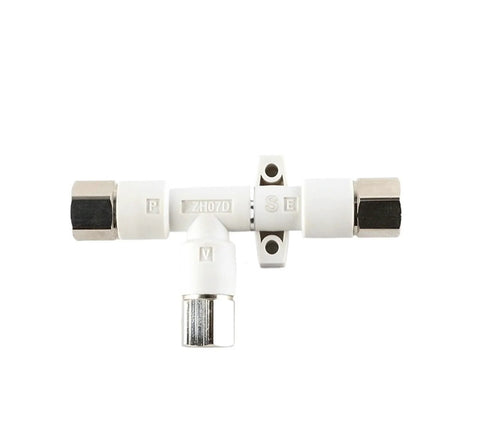 High Flow Tubular Vacuum Generator for Pneumatic Ejector with connectors for industrial automation and material handling equipment.