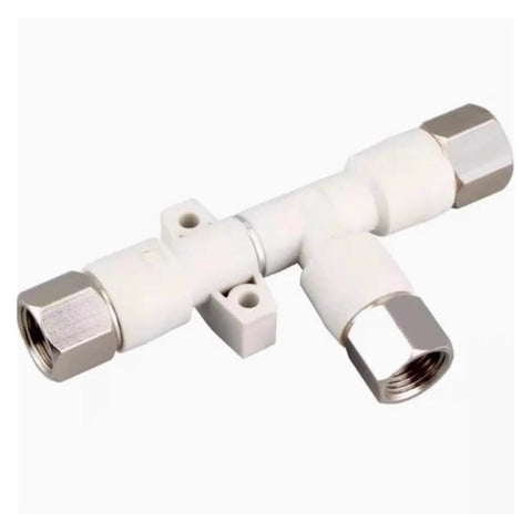 Pro Grade High Flow Tubular Vacuum Generator for Industrial Automation and Handling Equipment, shown in durable white metal with connectors.