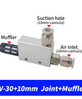 Industrial Pneumatic Vacuum Ejector CV 30HS, 10mm port, shown with suction hole, air inlet, and muffler for rapid suction and exhaust.