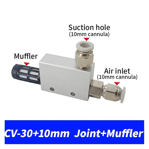 Industrial Pneumatic Vacuum Ejector CV 30HS, 10mm port, shown with suction hole, air inlet, and muffler for rapid suction and exhaust.