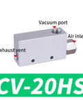 Vacuum Generator For Pneumatic Systems With High Negative Pressure Air Ejector CV 20HS, showing vacuum port, air inlet, and exhaust vent label.