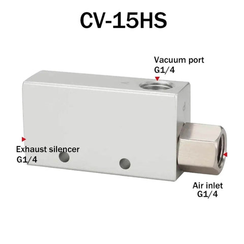 CV-15HS pneumatic vacuum generator with exhaust silencer, vacuum port, and air inlet labeled for 15HS series